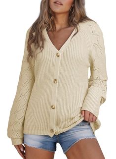 PRICES MAY VARY. Women's cardigan sweater is made of soft knitted fabric for all day comfort. Show offyour figure in this sexy cardigan sweater with a V-neck design. Classic solid colors and unique styles of knitted cardigans are loved by modern women of all ages. The button-down cardigan sweater can be paired with jeans for a stylish look. Stylish cardigans are perfect for fall and winter everyday wear, vacations, dates, parties, offices and more. Astylish Women Open Front Button Down Lantern Sleeve Knit Cardigans Sweater Knit V-neck Sweater Coat With Button Closure, Knit V-neck Sweater With Button Closure And Long Sleeves, Trendy V-neck Sweater Coat With Soft Knit, Beige Knit V-neck Cardigan, Trendy Soft Knit V-neck Sweater Coat, Trendy V-neck Soft Knit Sweater Coat, Chic Button-up Knit Sweater, Beige Button-up Sweater, Cream Knit Button-up Cardigan