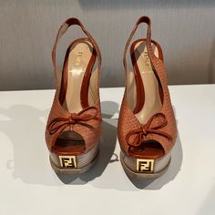 Fendi Python Orange Peep-Toe Slingback Pumps Size 37 5.5 Inch Heel Worn Once Soles Are The Only Areas That Show Wear Luxury Brown Round Toe Slingback Pumps, Luxury Brown Slingback Pumps With Round Toe, Luxury Brown High Heel Slingback Pumps, Luxury Brown Slingback Heels, Slingback Heels, Fendi Shoes, Slingback Heel, 5 Inch Heels, Slingback Pump