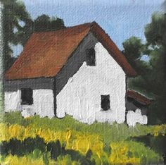 a painting of a white house in the middle of a field