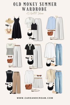 Upgrade your summer look with our Old Money Summer Capsule Wardrobe! We've put together 15 elegant outfit ideas that will awaken your old money style with a mix of 25+ chic summer essentials. Feel confident owning your aesthetic this summer with the relaxed yet refined old money summer style. These outfit ideas are truly an inspiration for crafting your timeless capsule wardrobe. Plus: old money look, old money summer outfits, quiet luxury. Old Money Look, Old Money Summer, Money Clothing, Elegant Summer Outfits, Capsule Wardrobe Casual, Capsule Wardrobe Women, Money Clothes, Classy Summer Outfits, Chic Outfit Ideas