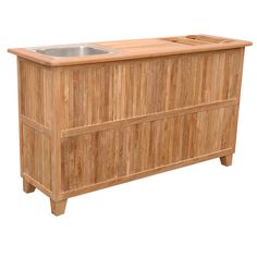 a wooden cabinet with a metal sink in it's center and two legs on each side