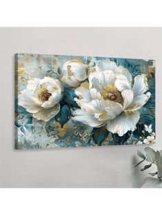 an abstract painting with white and blue flowers