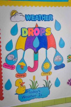 a bulletin board with weather drops written on it and colorful pictures hanging from the wall