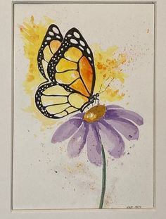 a watercolor painting of two butterflies on a purple flower with yellow and orange spots