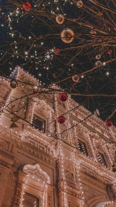 christmas lights are hanging from the branches of a tree in front of an old building