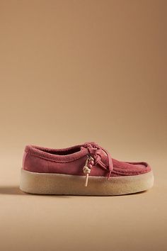 Suede upper, insole Crepe sole Tie styling Imported | Wallabee Cup Platform Flats by Clarks in Pink, Women's, Size: 6.5, Suede at Anthropologie Clarks Wallabees Outfit Women's, Wallabees Outfit Womens, Clarks Wallabees Outfit, Wallabees Outfit, Clarks Shoes Women, Clarks Wallabee, Clarks Wallabees, Platform Flats, Nyc Shopping