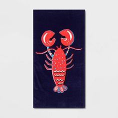 a blue towel with red lobsters on it