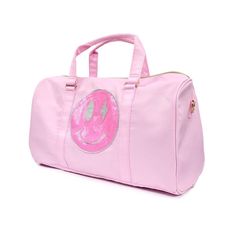 Description: Add a touch of fun to your travels with the Patch Smiley Face Weekender Bag. Designed in a vibrant pink color, it features an eye-catching smiley face patch with a glittery lightning bolt detail for a playful and stylish look. Perfect for weekend getaways, overnight trips, or gym sessions, this spacious bag ensures you can carry all your essentials with ease. The main compartment is secured with a zip closure and offers ample space, while multiple interior pockets help keep your bel Casual Pink Travel Bag With Large Capacity, Casual Pink Travel Bag, Trendy School Travel Bag With Luggage Sleeve, Trendy Pink Travel Bag For Everyday, Trendy Travel Bag With Luggage Sleeve For School, Trendy Pink Everyday Travel Bag, Pink Casual Travel Bag With Zipper Closure, Trendy Rectangular Duffle Bag For School, Trendy Pink Tote Travel Bag