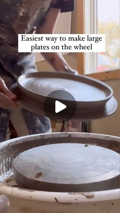 a woman is making large plates on top of a wheel with the words easy way to make large plates on the wheel