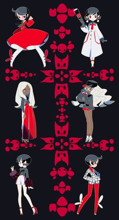 an image of some cartoon characters on a black and red background with the same character