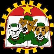 two dogs are in front of an emblem