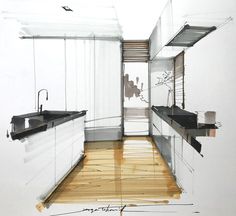 a drawing of a kitchen with wooden floors