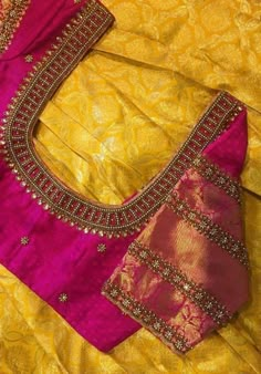 Here Are The Latest Designs For Bridal Blouses With Maggam Work. The Maggam Work With Kundan, Thread And Spring Can Be Customised Along With The Cloth Color You Want To Choose. Having These Kind Of Maggam Work Blouses Is Very Trendy For Traditional Gatherings And Poojas.  This Enhances The Beauty Of Any Saree When This Is Teamed Up With Different Kind Of Maggam Designs. The Combination Of Aari And Zardosi Works Make This Maggam Designs Look Very Elegant And Beautiful. We Customize The Blouse As Per Your Measurements And The Preferred Colours. You Just Have To Share The Saree Colour And We Will Take Care Of Everything. Disclaimer: Colour May Slightly Vary Due To Photography Effects And Screen Resolution. We Do Our Best To Reach Your Expectation As We Understand The Pulse Of Our Customers. Pink Work Blouse Designs For Saree, Aari Work Blouse For Pink Blouse, Simple Blouse Designs For Wedding, Blouse Neck Work Designs Latest, Blouse Neck Designs For Silk Sarees, Arie Work Blouse Design, Pink Work Blouse Designs Latest, Silk Blouse Work Designs Latest, Aari Work Blouse Wedding Simple Design