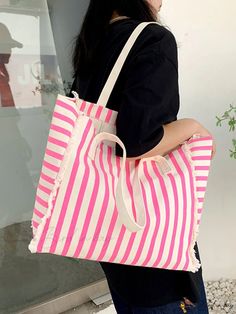 Bird in Bag - Striped Color Block Large Capacity Canvas Tote Bag for Women, Versatile and Simple Shopping Bag Trendy Canvas Beach Shoulder Bag, Canvas Shopping Bags For Summer, Pink Canvas Casual Bags, Casual Pink Canvas Shopping Bag, Pink Canvas Shoulder Bag For Beach, Pink Canvas Shoulder Bag For The Beach, Large Capacity Summer Pink Shoulder Bag, Large Capacity Pink Summer Shoulder Bag, Large Capacity Pink Shoulder Bag For Summer