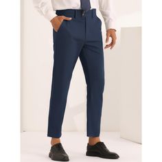 Crafted from 100% polyester, these Lars Amadeus flat front dress pants offer a high waist and solid color design, perfect for business and formal occasions. The pleated front adds a touch of elegance and enhances the overall drape of the pants. These classic dress pants can be paired with dress shirts and blazers for a professional outfit. Ideal for work, meetings, dinners, proms, festivals, and more, they provide a slim fit and are machine washable for easy care. Solid Color Ankle-length Office Pants, Fitted Solid Color Dress Pants For Workwear, Business Casual Fitted Solid Color Dress Pants, Business Casual Solid Color Ankle-length Dress Pants, Solid Dress Pants With Tapered Leg And Welt Pockets, Solid Work Pants With Pockets For Business, Solid Dress Pants With Welt Pockets And Tapered Leg, Solid Flat Front Pants For Work, Solid Color Office Dress Pants With Pockets