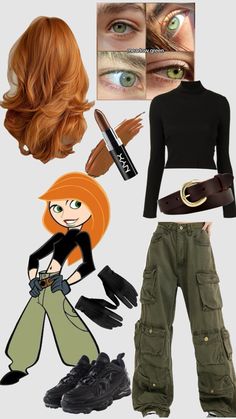 an orange haired woman wearing green pants and black top with her hair in the wind