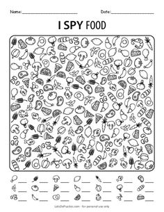 the i spy food worksheet is shown in black and white, with an image of