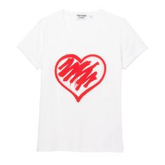 V Neck White T-shirt  Large Red Crossed Out Heart on chest Material:  96% Cotton, 4% Elastane.  Weight:  165gsm  Women's stretch t-shirt with enzyme wash for unique soft hand-feel.  Longer length. Self-fabric bound collar. Twin needle sleeves and hem. Casual Red T-shirt With Heart Graphic, Casual Red Top With Heart Graphic, Red Crew Neck T-shirt With Heart Print, Red Cotton T-shirt With Heart Print, Red Heart Graphic T-shirt With Short Sleeves, Red Short Sleeve T-shirt With Heart Graphic, Red Short Sleeve T-shirt With Heart Print, Casual Red Heart-shaped T-shirt, Red Crew Neck T-shirt With Heart Graphic