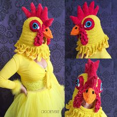 the woman is wearing a yellow dress and chicken hat