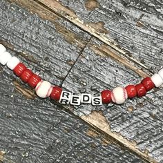 Handmade Beaded Necklace Baseball Cincinnati Reds Casual Red Beaded Necklaces, Adjustable Red Beaded Necklace With Letter Beads, Adjustable Red Beaded Letter Necklaces, Adjustable Red Necklace With Letter Beads, Adjustable Red Beaded Casual Necklaces, Casual Red Beaded Bracelet For Sports Events, Adjustable Red Casual Beaded Necklaces, Adjustable Casual Red Beaded Necklaces, Casual Adjustable Red Beaded Necklaces