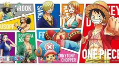 the one piece characters are depicted in this collage with different colors and designs on them