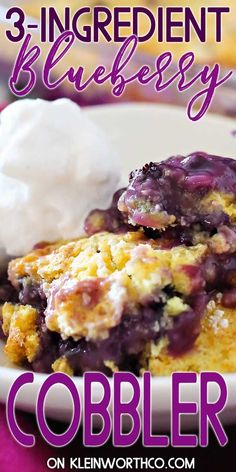 three ingredient blueberry cobbler on a plate with whipped cream