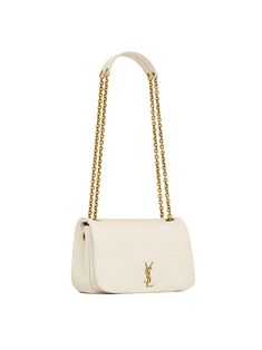 Saint Laurent's Jamie 4.3 Mini Bag is crafted in soft nappa leather and decorated with the Cassadre logo and Carre Rive Gauche quilted overstitching. Light and compact, it features a sliding leather-and-chain strap that can be worn two ways. Luxury Quilted Cream Shoulder Bag, Luxury White Quilted Shoulder Bag, Luxury Quilted Beige Bag, Designer Rectangular Bag With Diamond Quilting, Luxury Quilted Rectangular Bag, Leather Bag With Diamond Quilting In Rectangular Shape, Rectangular Leather Bag With Diamond Quilting, Leather Bags With Diamond Quilting, Chic Everyday Luxury Shoulder Bag With Diamond Quilting