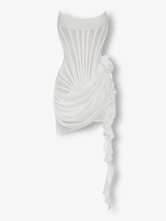 White chiffon mesh corset flower drape mini dress - HEIRESS BEVERLY HILLS White Birthday Dress, Corset Draping, Heiress Beverly Hills, Luxury Outfit, Luxury Clothing Brands, White Homecoming Dresses, Mesh Corset, Stage Outfit, Satin Corset