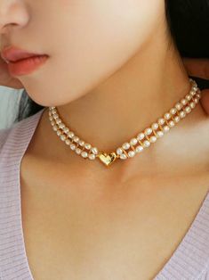 Love Choker Vintage Double Strand Pearls - floysun Elegant Gold Pearl Choker, Gold Pearl Choker With Clavicle Chain, Gold Pearl Clavicle Chain Choker, Valentine's Day Party Pearl Necklace, Gold Pearl Choker With Adjustable Chain, Gold Heart Shaped Clavicle Chain Choker, Adjustable Gold Pearl Necklace For Party, Adjustable Gold Choker With Pearl Drop, Gold Choker With Pearl Charm For Party