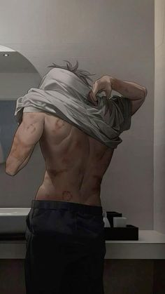 a man with his back turned to the side in front of a bathroom mirror and sink