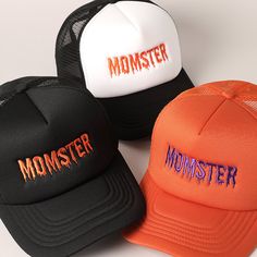 Momster Letter Embroidered Mesh Back Trucker Hat, Stylish Trucker Hat for Halloween, Outdoor Casual Mesh Back Cap, Adjustable Foam Hat. This custom embroidery baseball cap is the perfect choice for everybody! Perfect for dog walking, the beach, the gym, the pool, and everyday wear!  It's fully adjustable and easy to style!   Detail & Features 🧢 ** - "MOMSTER" Embroidery Design  - 5 Panel Mesh Back Trucker Hat  - Perfect Hat for Halloween - 100% Cotton *One Size Fits All - Adjustable Snapback Ma Cheap Mesh Trucker Hat One Size, Black Halloween Trucker Hat, Halloween Snapback Baseball Cap For Streetwear, Black Snapback Cap For Halloween, Halloween Snapback Trucker Hat For Streetwear, Black Snapback Trucker Hat For Halloween, Adjustable Halloween Hats For Streetwear, Halloween Streetwear Baseball Cap, Halloween Snapback Hat For Streetwear