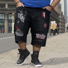 Ready to step up your street style? These men's jeans blend edgy fashion and comfort. They feature stylish distressed accents like holes and unique graphic prints. Crafted with a relaxed fit, these shorts are available in larger sizes. Theyre versatile enough for various occasions and easy to mix or match. Style: Mens Jean Design: Print, Black, Graffiti, Letter Embellishment: Hole Elasticity: Inelastic Fit: Loose Pants Length: Short Occasion: Casual, Festival, Parties, Picnic, City Walk Please N Black Graffiti, Street Shooting, Loose Pants, Designer Jeans, Photo Colour, Edgy Fashion, Step Up, Men's Jeans, Graphic Prints