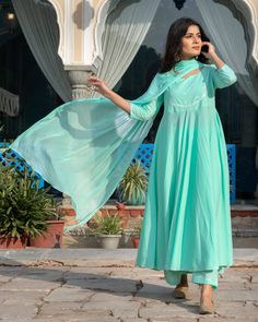 Cotton Embroidered Teal and Silver Colored Dress Set - www.riafashions.com Cotton Dresses With Sheer Dupatta For Navratri, Traditional Cotton Dress With Sheer Dupatta, Cotton Dress With Sheer Dupatta For Eid, Cotton Lawn Suit With Sheer Dupatta, Traditional Cotton Lawn Suit With Sheer Dupatta, Cotton Long Sleeve Dress With Sheer Dupatta, Long Sleeve Cotton Dress With Sheer Dupatta, Teal And Silver, Indian Fashion Trends