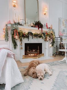 two dogs laying on the floor in front of a fire place with christmas garlands