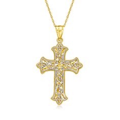 Ross-Simons - 14kt Two-Tone Gold Milgrain Cross Pendant Necklace. 18". Artfully adorned with intricate milgrain details, this beautiful 14kt yellow and white gold cross pendant necklace is a lovely way to honor your faith. Suspends from a rope chain with a 2" extender. Springring clasp, 14kt two-tone gold milgrain cross pendant necklace. Large Gold Cross Necklace, White Gold Cross Pendant, Gold Cross Necklace, Gold Cross Pendant, Shiny Things, Cross Jewelry, Gold Cross, Cross Pendant Necklace, Rope Chain