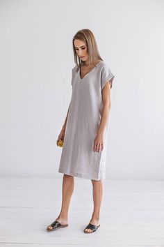 HELEN V Neckline Linen Dress Grey Summer Dress | Etsy Relaxed Fit V-neck Linen Dress, Relaxed Fit V-neck Linen Dress For Summer, Relaxed Fit Linen V-neck Dress For Summer, Summer V-neck Relaxed Fit Linen Dress, Short Sleeve Linen Dress For Spring, Spring Short Sleeve Flax Linen Dress, Spring Linen Dress In Flax Color With Short Sleeves, Short Sleeve Flax Dress For Summer, Flax Colored Short Sleeve Summer Dress