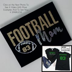 Be the best-dressed mom around with this glittery FOOTBALL MOM shirt!  A Number comes on the front and a name & number comes on the back of this shirt.  You personalize the shirt by choosing the shirt color and writing colors to match your team.  Sparkly glitter and non-glitter options are available.   PLEASE NOTE  This is done with a holographic vinyl that looks like rhinestones but they are actually FAUX RHINESTONES. They are super shiny and sparkly!! The bonus is, they DON'T fall off! The pictures don't do it justice, watch the VIDEO to see examples of how the shirts really shine! This shirt is done in Two Colors the FOOTBALL and the Number will be done in the color you choose from the drop-down box.    Mom and the actual football will be done in holographic silver vinyl. You do NOT hav Football Mom Shirts Ideas, Glitter Football Shirts, Writing Colors, Moms Night, Glitter Heat Transfer Vinyl, Football Mom Shirts, Holographic Vinyl, Glitter Gifts, Glitter Diy