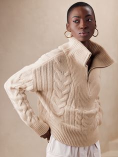 Cavo Half-Zip Sweater | Banana Republic Neutral Knitwear, Knitwear Details, Winter Knitwear, Half Zip Sweaters, Banana Republic Sweater, Color Block Sweater, Knit Crop, Fall Sweaters, Zip Sweater