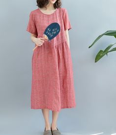 Summer Cotton Linen Spring Women Dresses Comfortable Relaxed Fit Dress With Short Sleeves, Relaxed Fit Loose Summer Dresses, Loose Cotton Summer Dress, Summer Loose Cotton Dress, Casual Free Size Cotton Dresses, Red Lagenlook Summer Dress, Spring Women, Loose Style, Organic Cotton Fabric