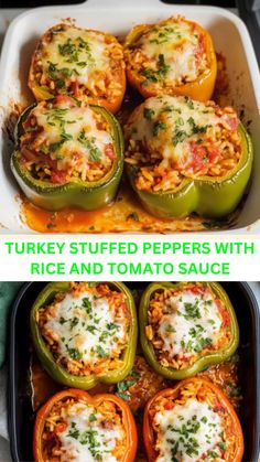 stuffed peppers with rice and tomato sauce in a casserole dish before and after cooking