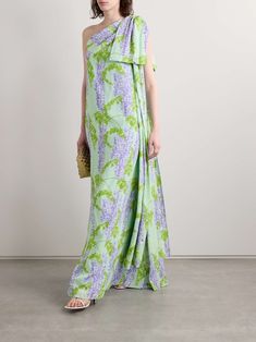 BERNADETTE Gala one-shoulder draped floral-print crepe maxi dress Formal Wedding Guest Attire, Formal Wedding Attire, Suits Accessories, Lavender Bridesmaid Dresses, Crepe Maxi Dress, Guest Attire, Wedding Attire Guest, Bridesmaid Outfit, Green Floral Dress