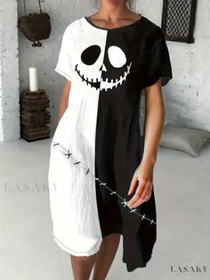 Lasaky - Womens Plus Size Halloween Maxi Dress with Fun-Face Print, Short Sleeves, Round Neckline, and Slight Stretch Black Casual Dress For Cosplay, Casual Halloween Cosplay Dress, Casual Short Sleeve Halloween Dress, White Long Sleeve Halloween Dress, White Long Sleeve Dress For Halloween, Long Sleeve White Dress For Halloween, Casual Halloween Dress For Costume Party, Casual Halloween Costume Party Dress, Plus Size Halloween