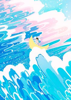 a man riding on top of a surfboard in the middle of a blue ocean