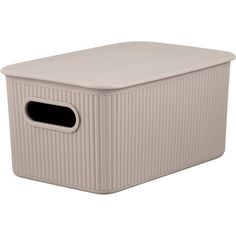 a beige storage box with a black window