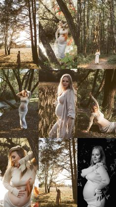 the pregnant woman is posing for pictures in the woods with her hands on her hips