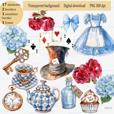 watercolor clipart set with blue and red flowers, teapots, roses, keys, cards, clock