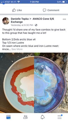 a bowl with blue and red paint on it