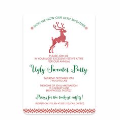 the ugly sweater party is on display in this holiday themed card, which features reindeers and snowflakes