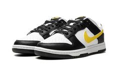 The Nike Dunk Low “Black/Opti Yellow” is a colorway of the classic basketball and lifestyle shoe with an easy-to-wear look.  Released back in 1985, the Dunk has transcended its basketball roots to become one of the most popular casual sneakers on the planet.  As for the “Black/Opti Yellow” colorway, the upper has a white leather base and black leather overlay panels.  An Opti Yellow leather Swoosh appears on both sides.  More yellow accenting is seen on the “Nike” embroidery on the heel and on t Black And Yellow Sneakers, Black And Yellow Shoes, Back In 1985, Nike Embroidery, Fire Shoes, Luxury Stuff, Pretty Sneakers, Sneakers Jordans, Yellow Nikes