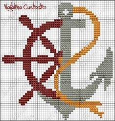 a cross stitch pattern with the letter d in red, yellow and grey on it